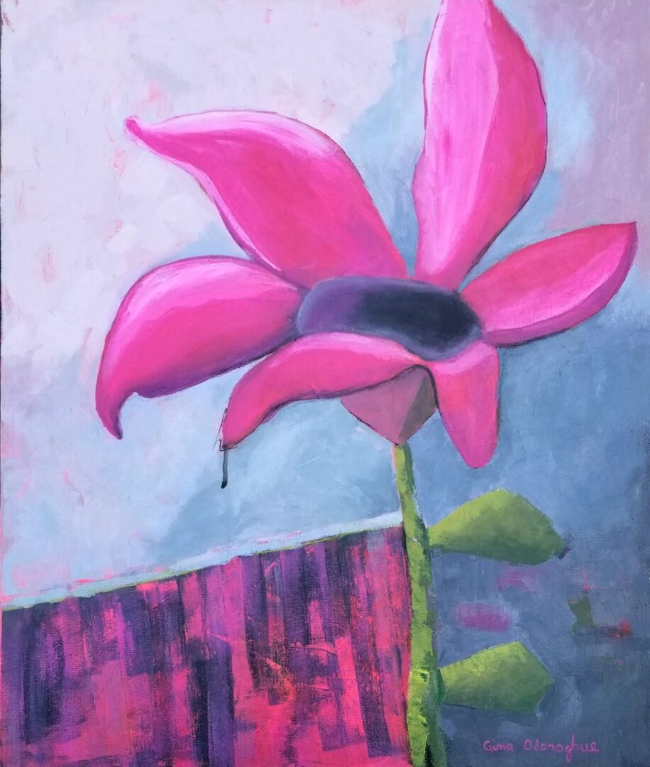 A painting of a pink flower with a blue background